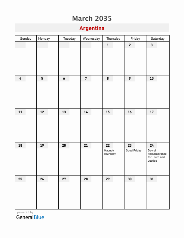Argentina March 2035 Calendar with Holidays