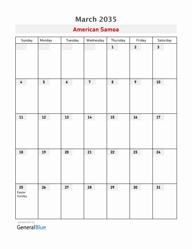 American Samoa March 2035 Calendar with Holidays