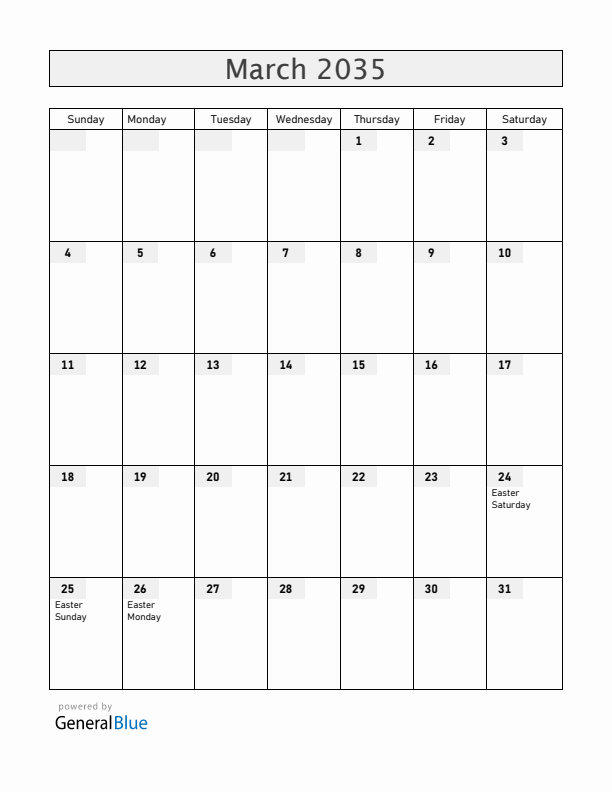 Austria March 2035 Calendar with Holidays
