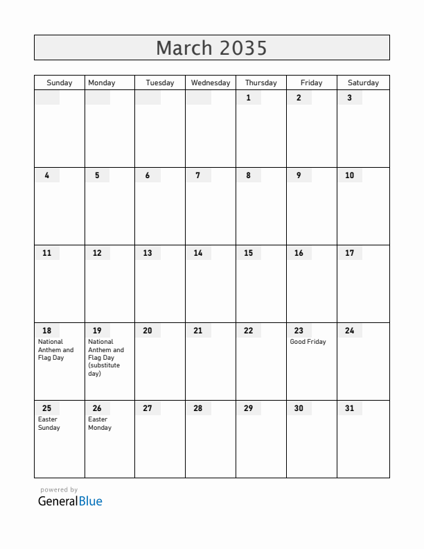 Aruba March 2035 Calendar with Holidays