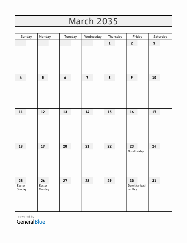 Aland Islands March 2035 Calendar with Holidays