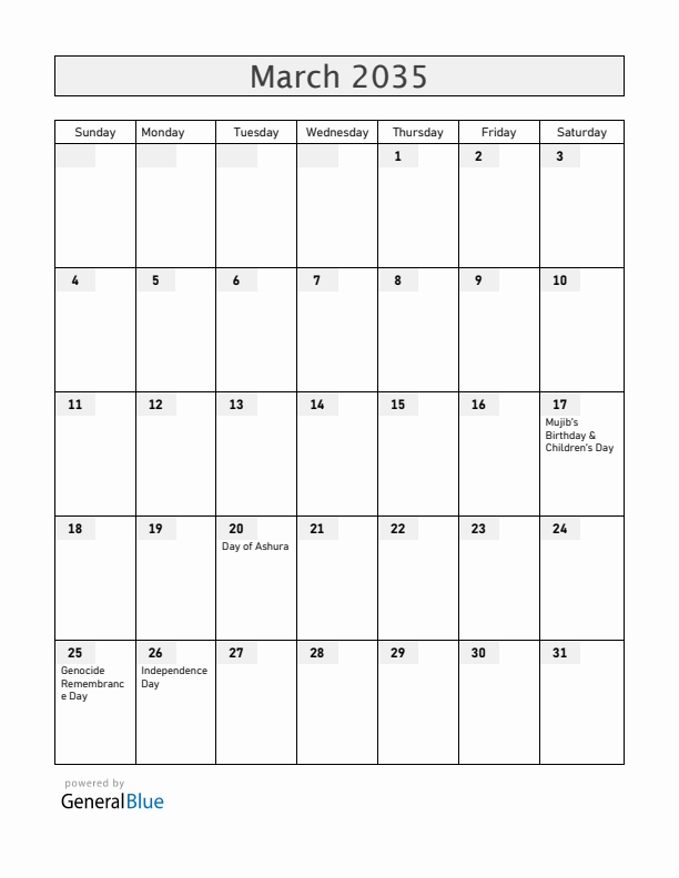 Bangladesh March 2035 Calendar with Holidays