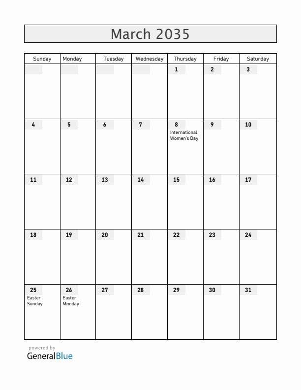Burkina Faso March 2035 Calendar with Holidays