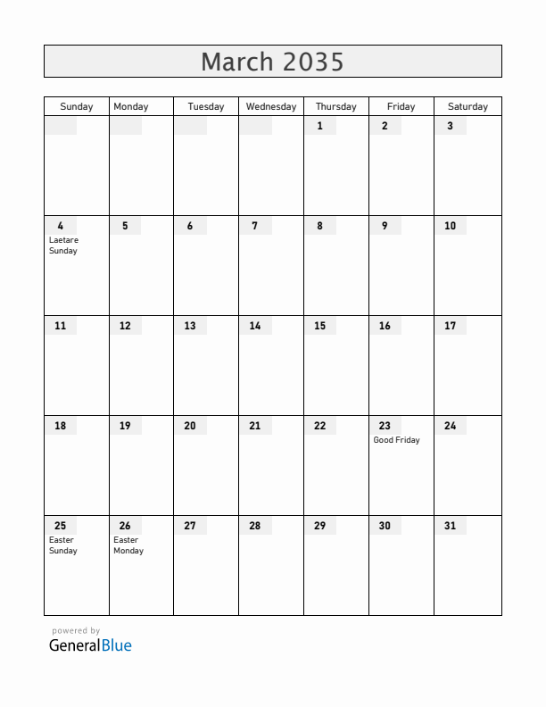 Saint Barthelemy March 2035 Calendar with Holidays