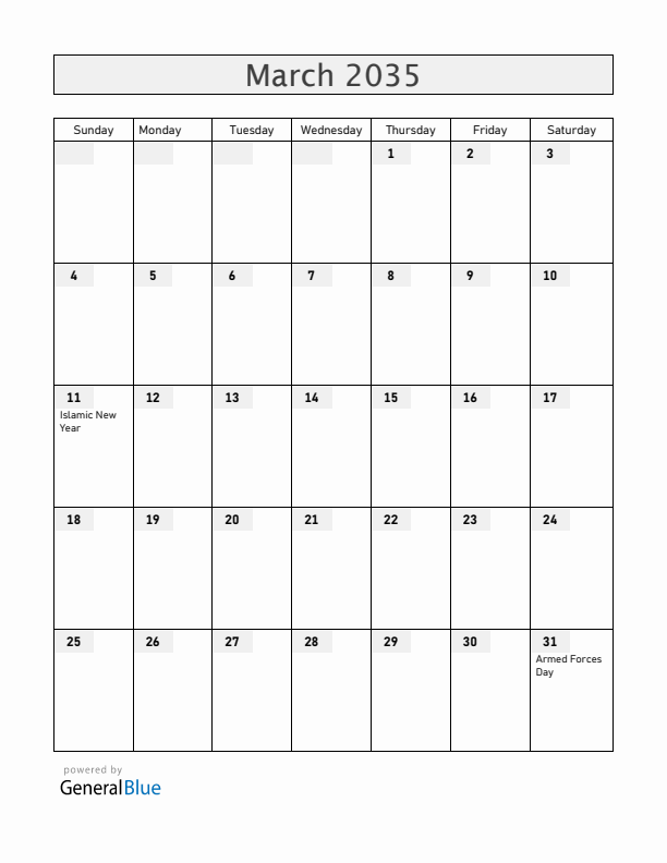 Brunei March 2035 Calendar with Holidays