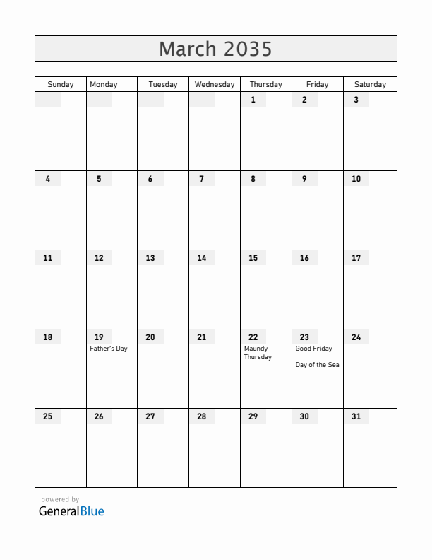 Bolivia March 2035 Calendar with Holidays