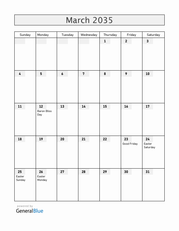 Belize March 2035 Calendar with Holidays