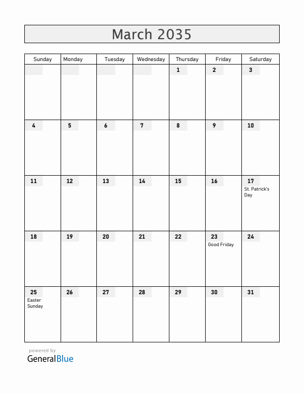 Canada March 2035 Calendar with Holidays