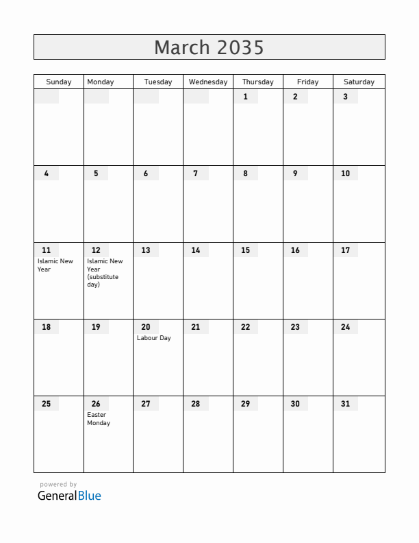 Cocos Islands March 2035 Calendar with Holidays