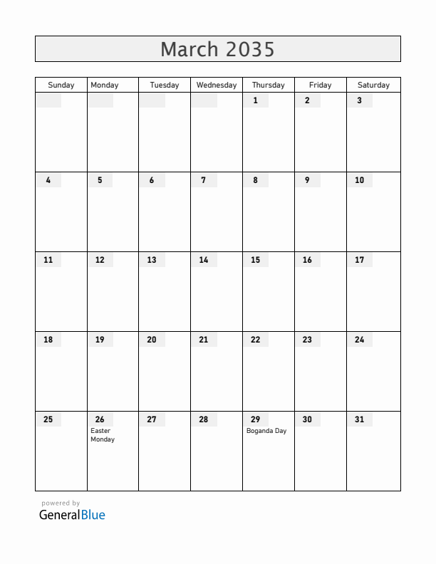 Central African Republic March 2035 Calendar with Holidays
