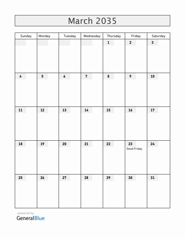 Cameroon March 2035 Calendar with Holidays