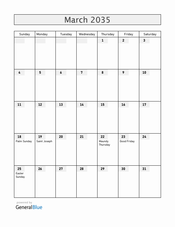 Colombia March 2035 Calendar with Holidays