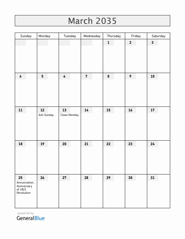 Cyprus March 2035 Calendar with Holidays