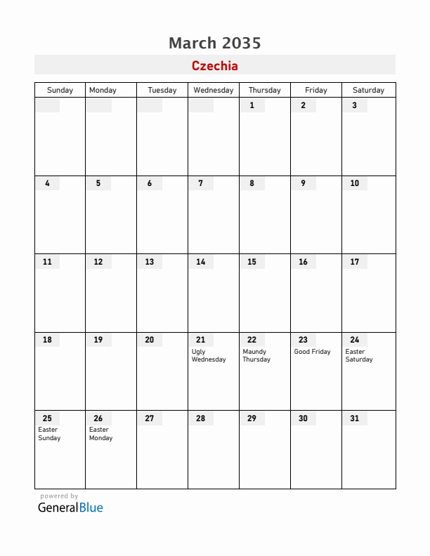 Czechia March 2035 Calendar with Holidays