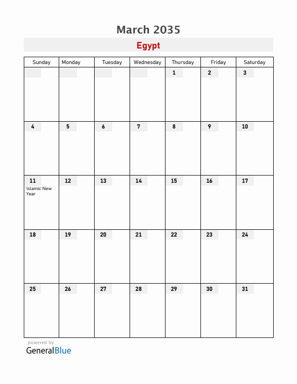 Egypt March 2035 Calendar with Holidays