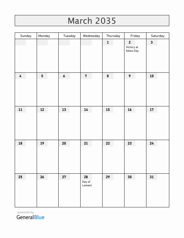 Ethiopia March 2035 Calendar with Holidays