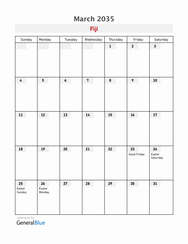Fiji March 2035 Calendar with Holidays