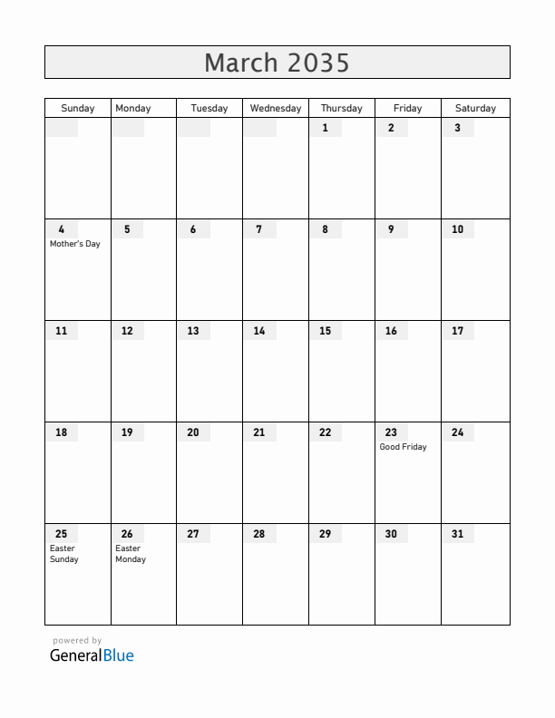 Guernsey March 2035 Calendar with Holidays