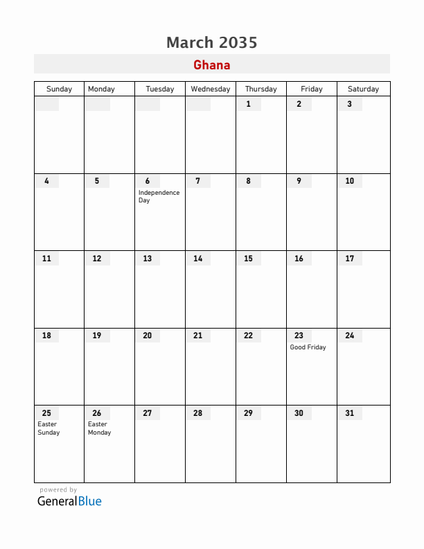 Ghana March 2035 Calendar with Holidays