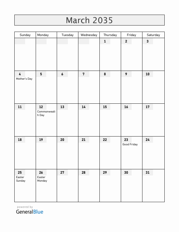 Gibraltar March 2035 Calendar with Holidays