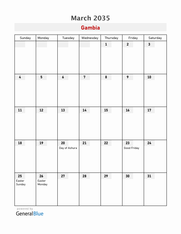 Gambia March 2035 Calendar with Holidays
