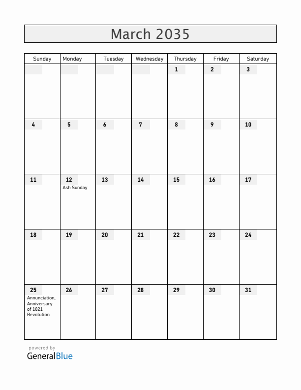 Greece March 2035 Calendar with Holidays