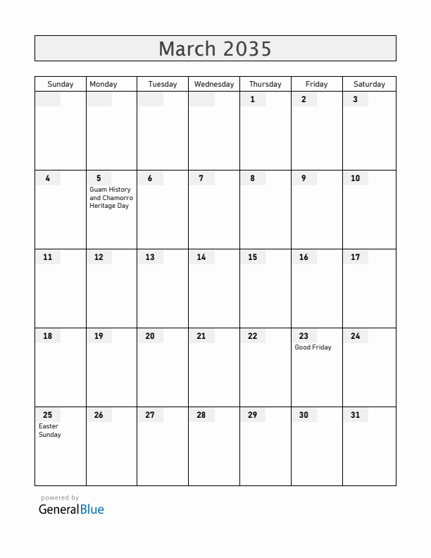 Guam March 2035 Calendar with Holidays