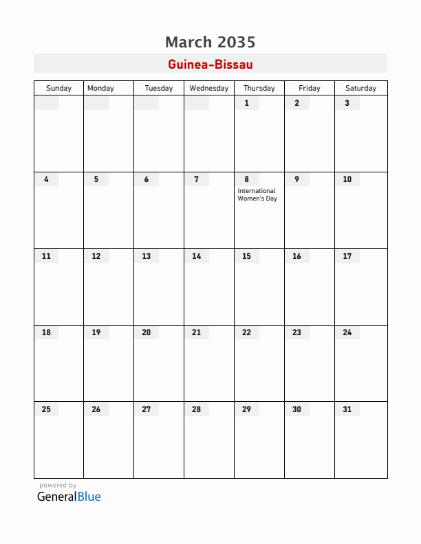 Guinea-Bissau March 2035 Calendar with Holidays