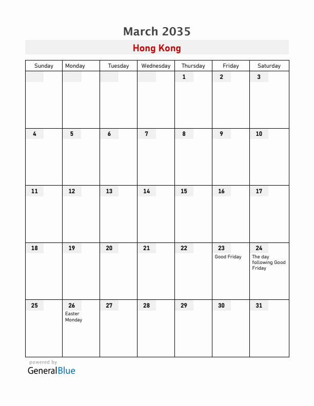 Hong Kong March 2035 Calendar with Holidays