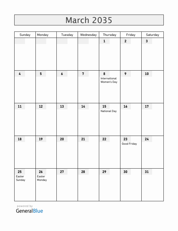 Hungary March 2035 Calendar with Holidays