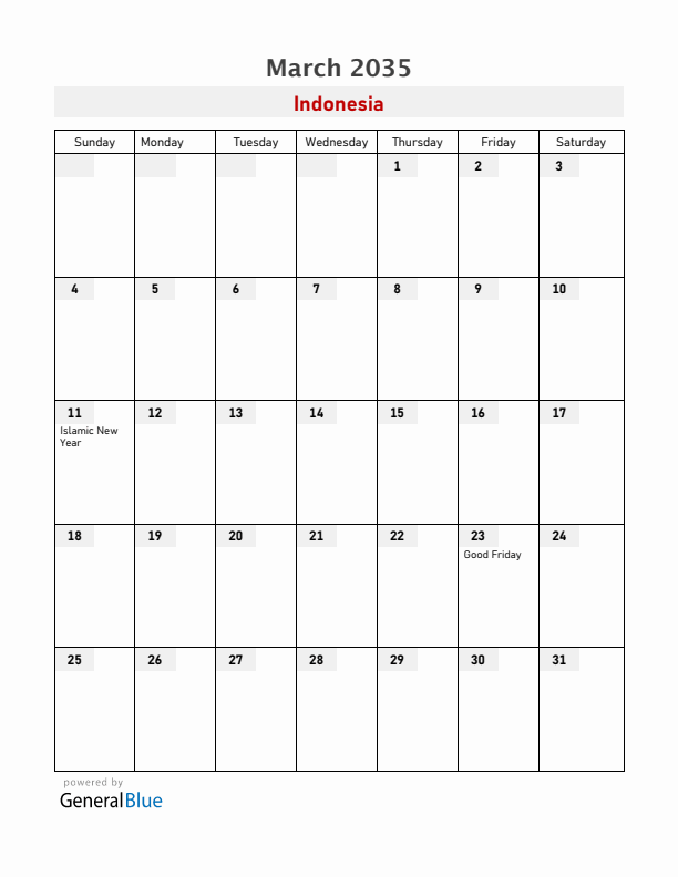 Indonesia March 2035 Calendar with Holidays