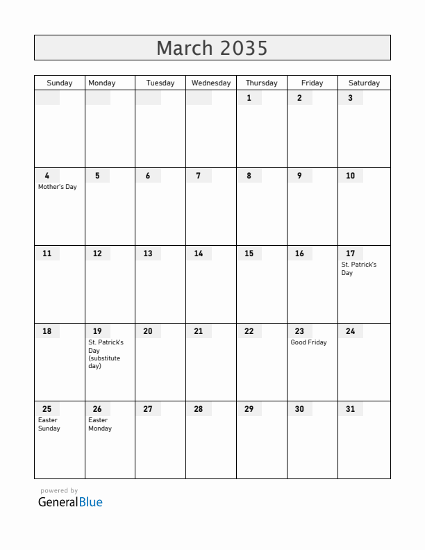 Ireland March 2035 Calendar with Holidays