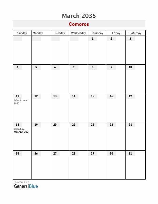 Comoros March 2035 Calendar with Holidays