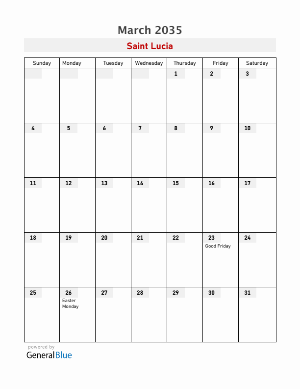 Saint Lucia March 2035 Calendar with Holidays