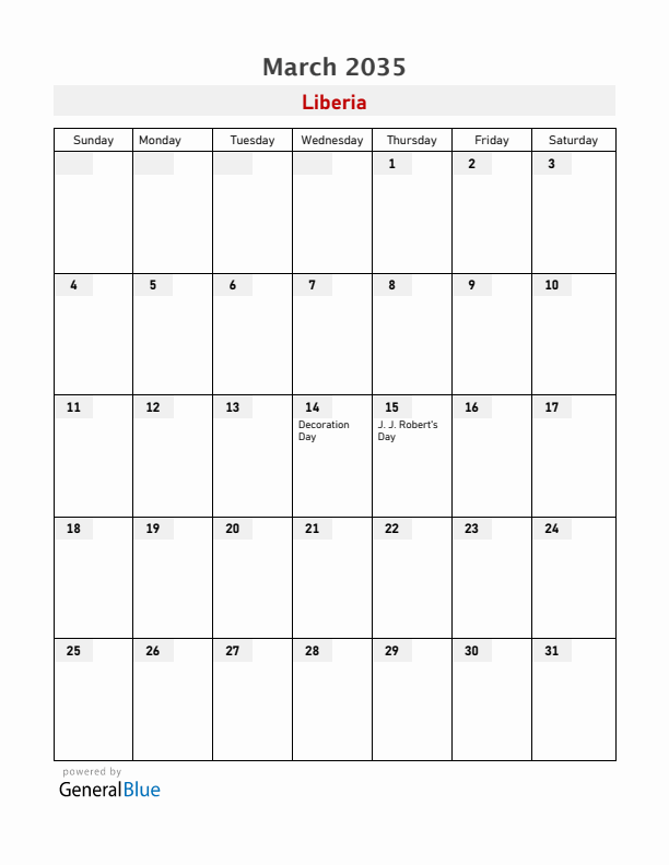 Liberia March 2035 Calendar with Holidays