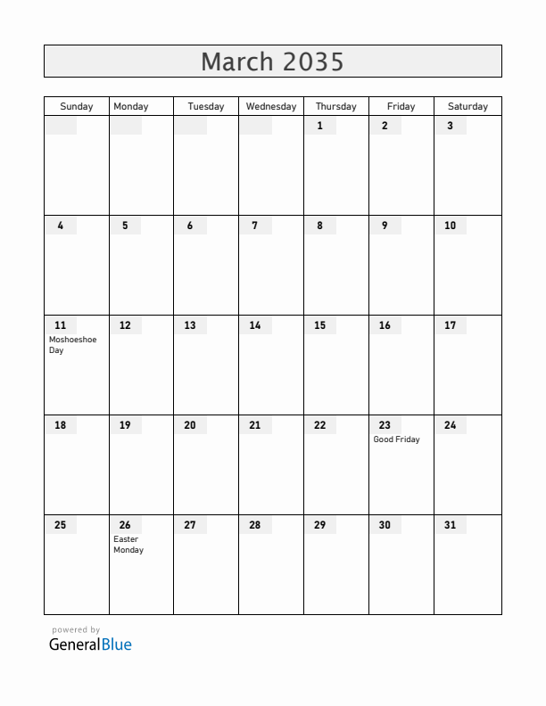 Lesotho March 2035 Calendar with Holidays