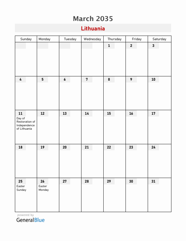 Lithuania March 2035 Calendar with Holidays