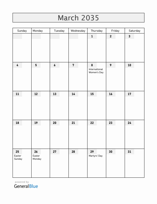 Madagascar March 2035 Calendar with Holidays
