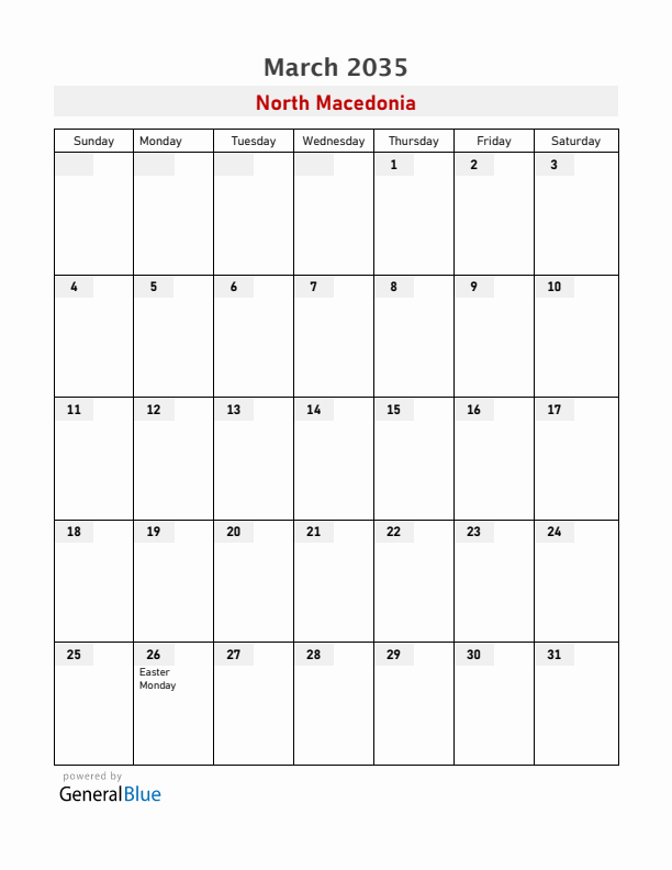 North Macedonia March 2035 Calendar with Holidays