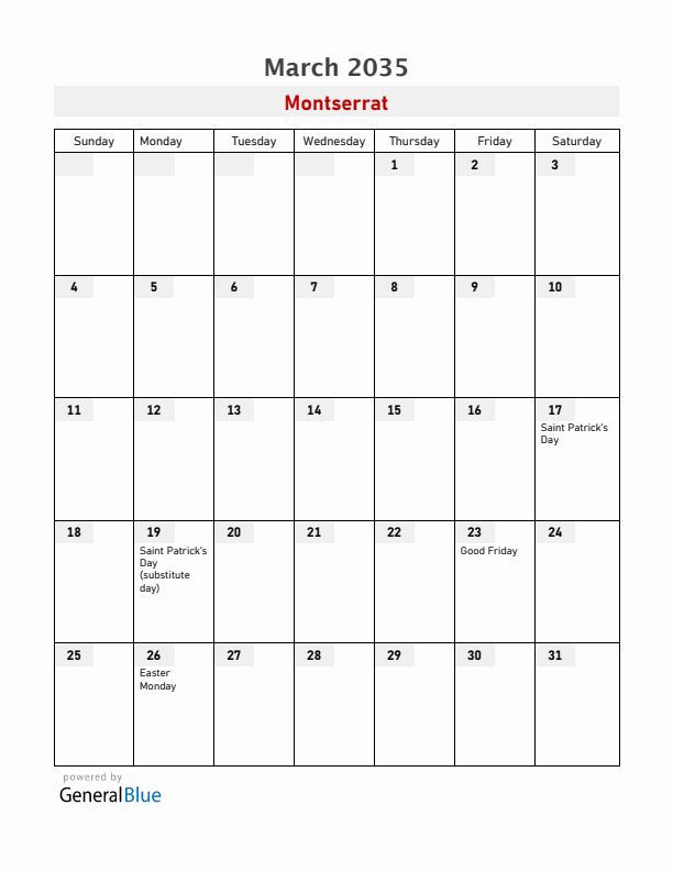 Montserrat March 2035 Calendar with Holidays