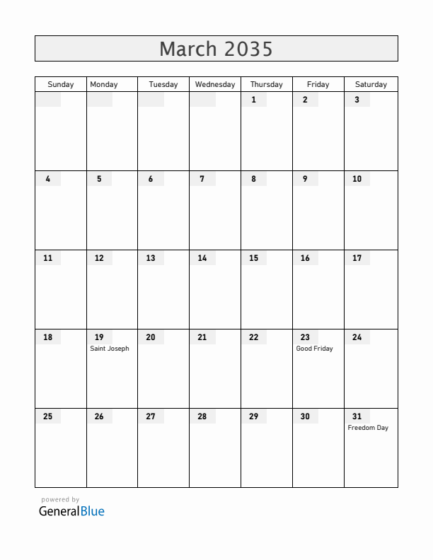 Malta March 2035 Calendar with Holidays