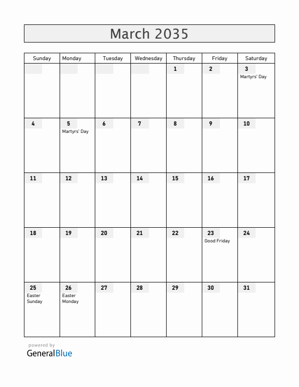 Malawi March 2035 Calendar with Holidays