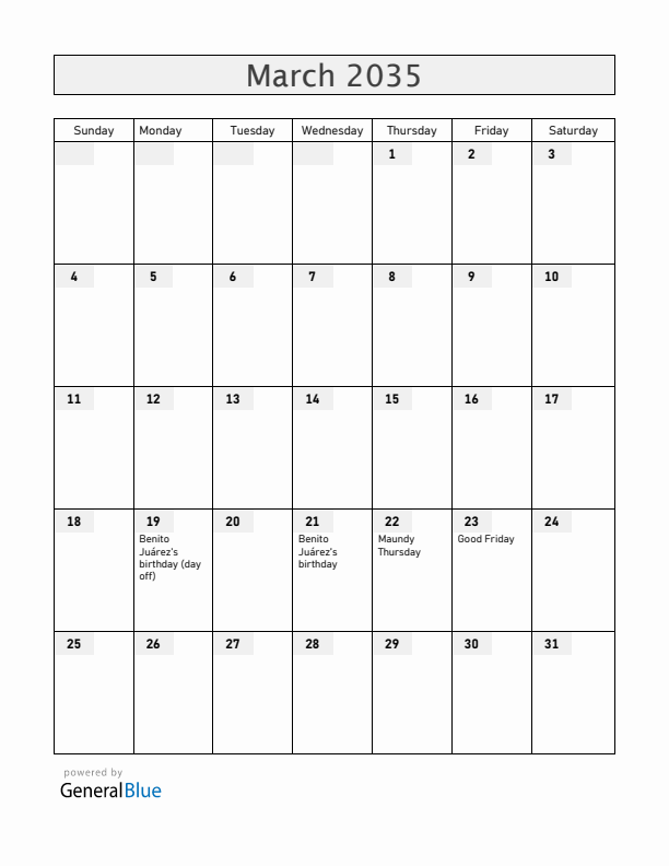 Mexico March 2035 Calendar with Holidays