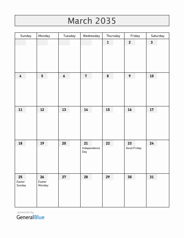 Namibia March 2035 Calendar with Holidays