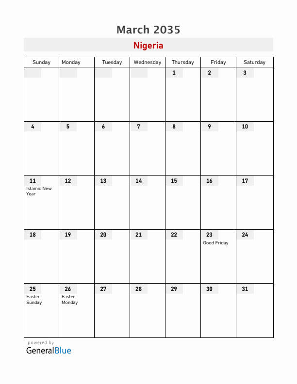 Nigeria March 2035 Calendar with Holidays