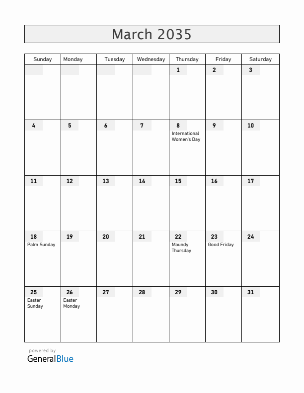 Norway March 2035 Calendar with Holidays