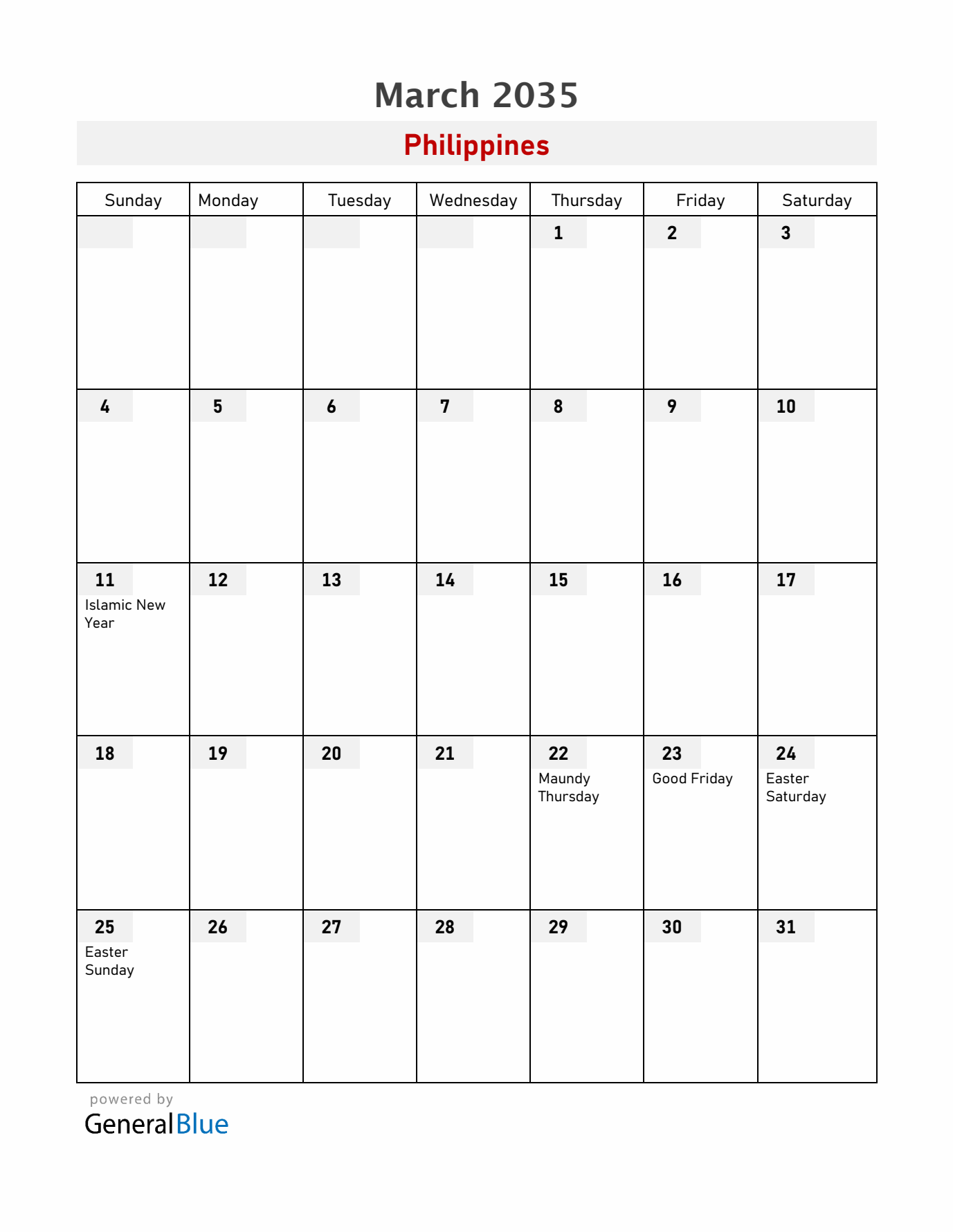 Philippines March 2035 Calendar with Holidays