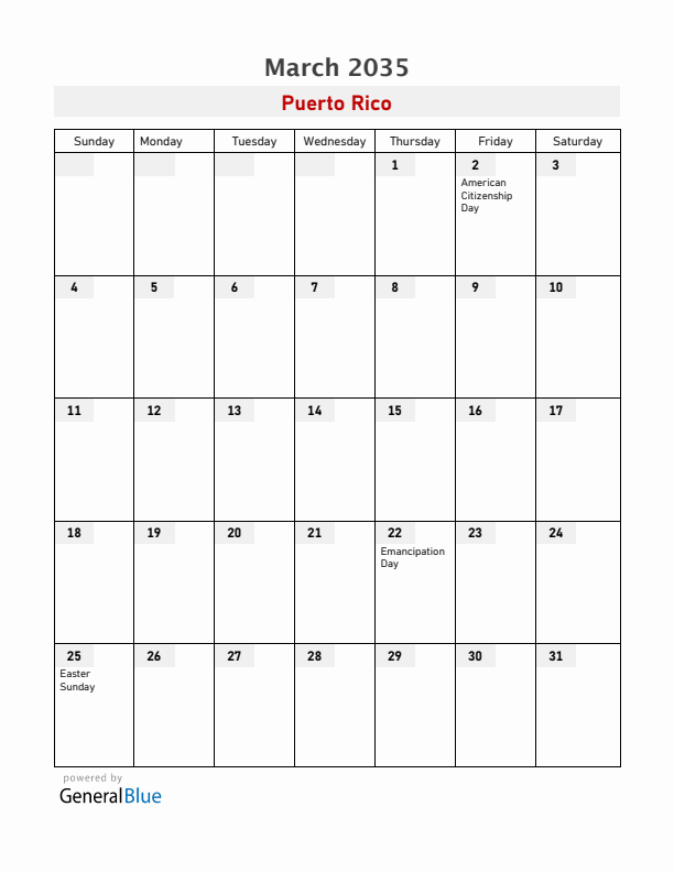 Puerto Rico March 2035 Calendar with Holidays
