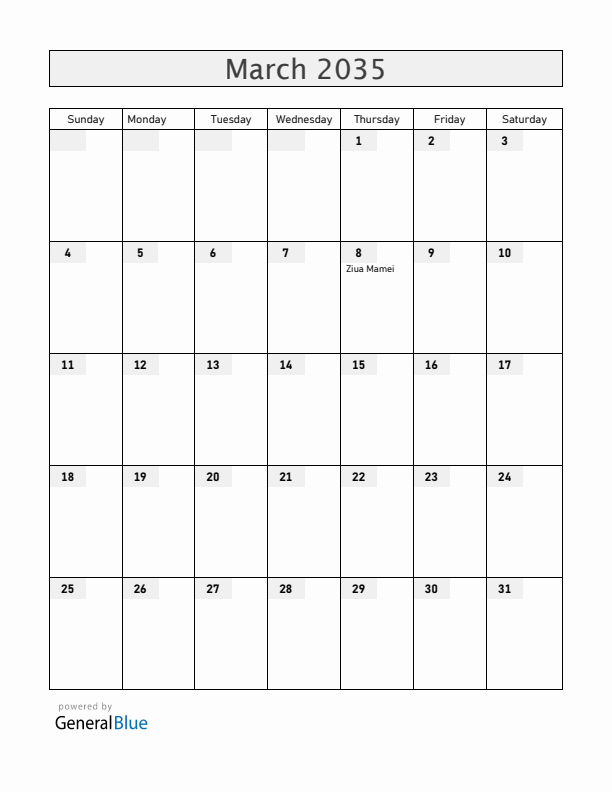 Romania March 2035 Calendar with Holidays