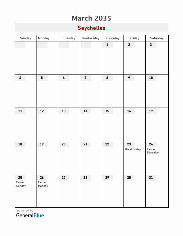 Seychelles March 2035 Calendar with Holidays